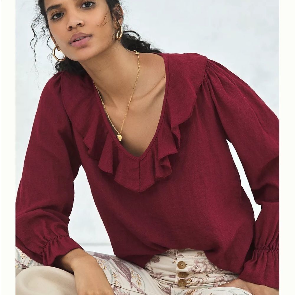 NWT Anthropologie Amadi Tally Ruffled Blouse Red
